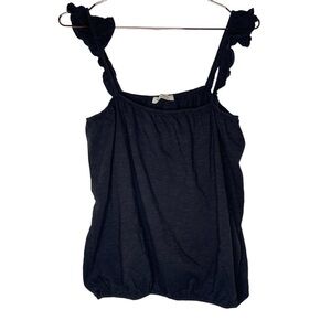 Known Supply Natural Organic Cotton Black Sleeveless Ruffle Shoulder Crop Top